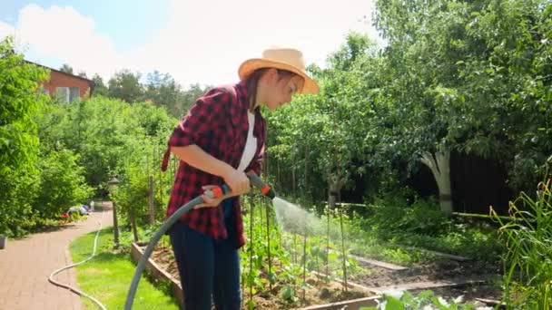 炎炎夏日，一个微笑的小女孩用花园的软管浇灌花园。妇女浇灌种植的植物和在后院工作 — 图库视频影像