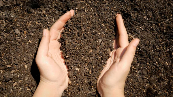 Bovenaanzicht van vrouwelijke handen die tuingrond vasthouden en optillen. Begrip milieubescherming en biologische aanplant op landbouwbedrijven. — Stockfoto