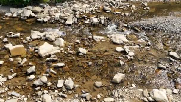 Vista superior no leito do rio rochoso nas montanhas. Paisagem de fluxo de água rápido ou rio em montanhas — Vídeo de Stock