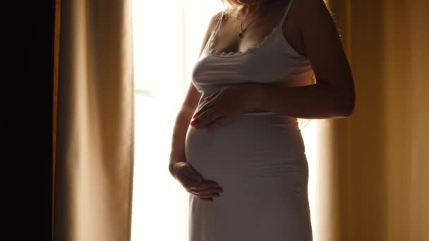 Κοντινό πλάνο της όμορφης εγκύου γυναίκας με νυχτικό στέκεται κατά φωτεινό ήλιο λάμπει μέσα από μεγάλο παράθυρο και χαϊδεύοντας τη μεγάλη κοιλιά της. Έννοια της ευτυχισμένης εγκυμοσύνης και αναμένοντας ένα μωρό — Αρχείο Βίντεο