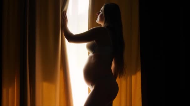 Silhouet van een zwangere glimlachende vrouw die gordijnen opent op een groot raam en haar buik aait. Concept van gelukkige zwangerschap en baby anticipatie — Stockvideo