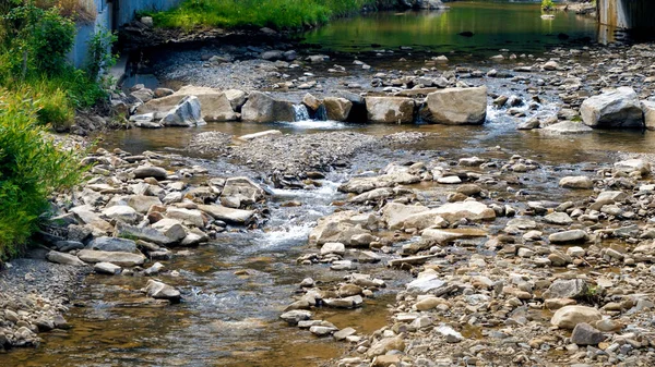 Пейзаж сухої гірської річки під час літньої посухи . — стокове фото