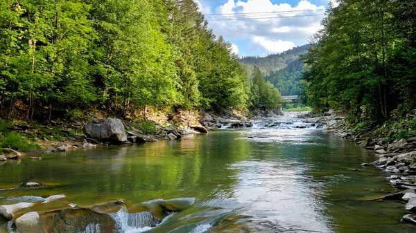 Schöne Landschaft mit Kiefernwäldern, Berggipfeln und einem breiten ruhigen Fluss — Stockfoto