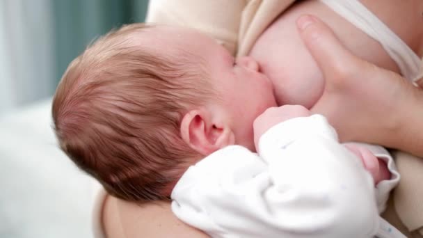 Крупный план 2-х недельного мальчика, поедающего молоко из груди матерей. Концепция здорового и естественного питания грудного ребенка. — стоковое видео