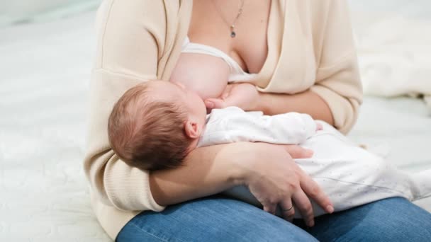 Panning shot di bella giovane madre seduta sul letto e che alimenta il suo piccolo figlio con latte materno. Concetto di nutrizione sana e naturale per l'allattamento al seno. — Video Stock