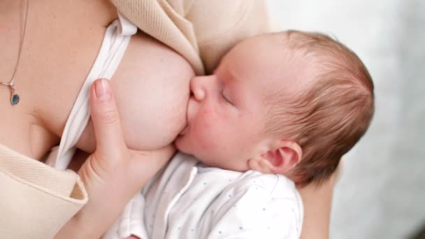 Utsikt ovanifrån över nyfödda pojke suger mjölk från mödrar bröst. Begreppet friska och naturliga baby amning näring. — Stockvideo