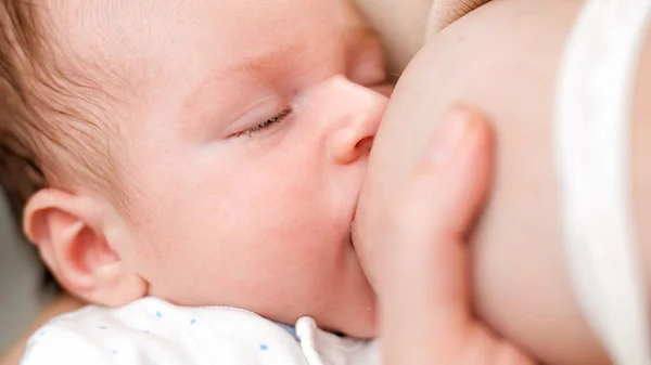 Nahaufnahme Porträt von niedlichen 1 Monat alten Neugeborenen, die Müttern die Brust saugen, während sie Milch essen. Konzept der gesunden und natürlichen Babynahrung. — Stockfoto