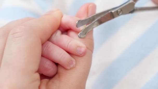 Macro Shot of Mother Cutting Her Newborn Baby Finger Nails with Sharp  Scissors, Stock Footage