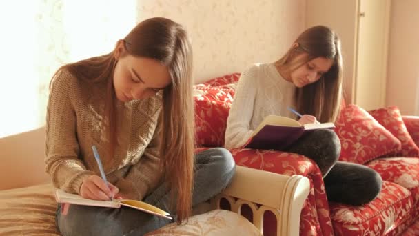 ソファに座っている間に日記やコピーを書いている二人の十代の女の子 — ストック動画