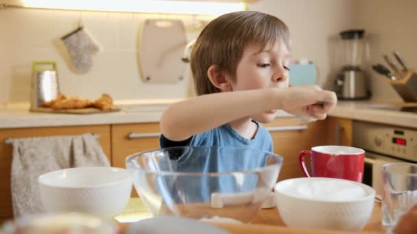 Funny laughing little boy eating creme for baking pie with spoon. Children cooking with parents, little chef, family having time together, domestic kitchen. — Stock Video