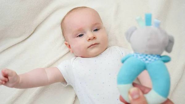 Cute little boy lying in crib and looking on parent shaking rattle toy. Concept of baby education and development — Stock Photo, Image