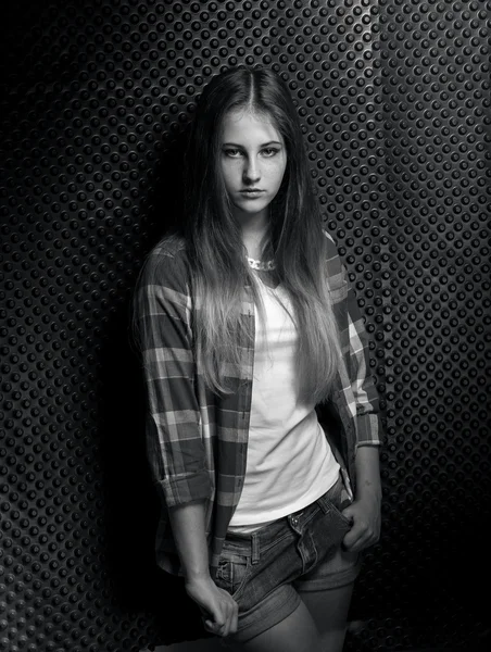 Monochrome portrait of sexy young girl in checkered shirt — Stock Photo, Image