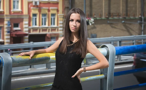 Portrait of sexy slim brunette girl against highway at rush hour — Stock Photo, Image