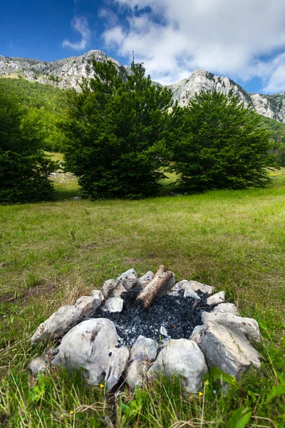 High mountain and extinguished campfire in forest — Stock Photo, Image