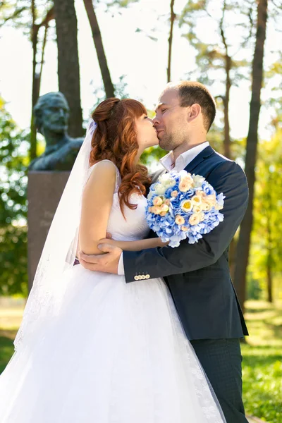 Портрет только что женатой пары целующейся в парке в солнечный день — стоковое фото