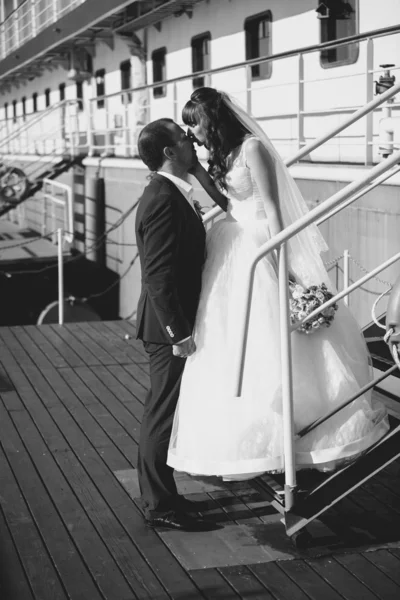 Monochrome shot of bride and groom kissing on pier against cruis — Stock Photo, Image