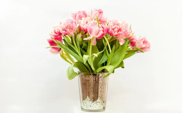 Big bunch of pink tulips against white background — Stock Photo, Image