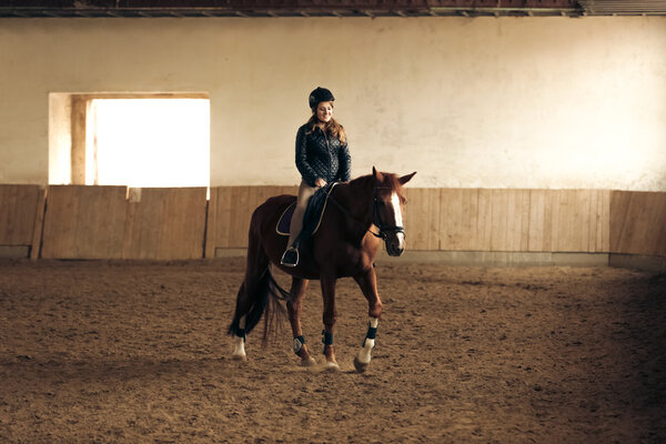 woman training brown horse in riding hall