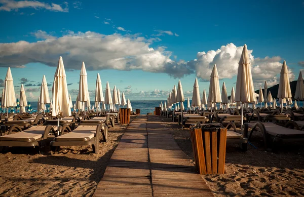 Rows of sunbeds and umbrellas at hotel at early morning — Stock Photo, Image