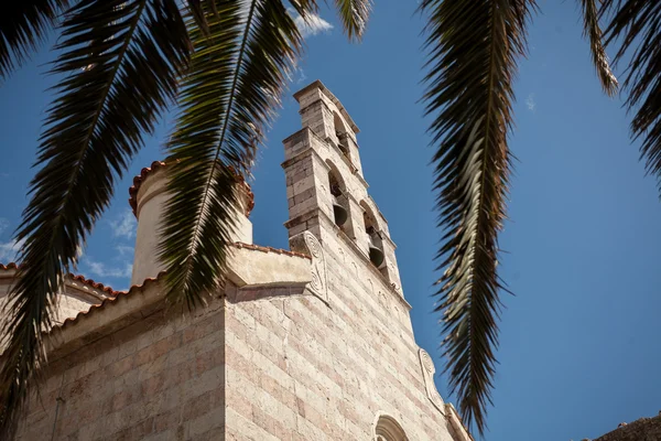View on orthodox church through palm tree leaves — Stock Photo, Image