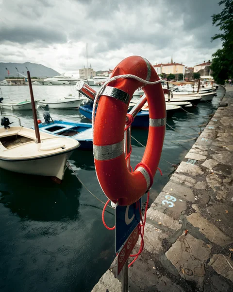 Lifebuoy hanging in sea port at rainy day — Stock Photo, Image