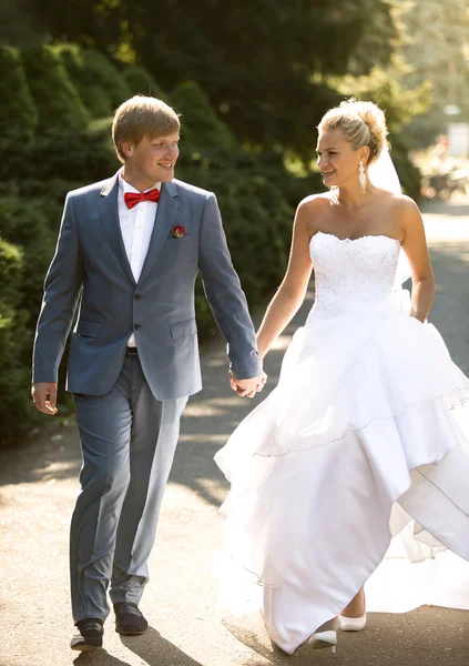 Bride and groom holding hands while walking at park — Stock Photo, Image