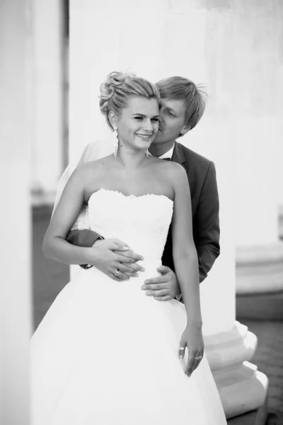 Portrait of young groom hugging smiling bride from back — Stock Photo, Image