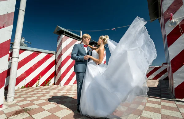Pareja de recién casados posando en la azotea del rascacielos en el día ventoso — Foto de Stock