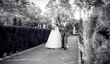Monochrome photo of happy bride walking with father at park clipart
