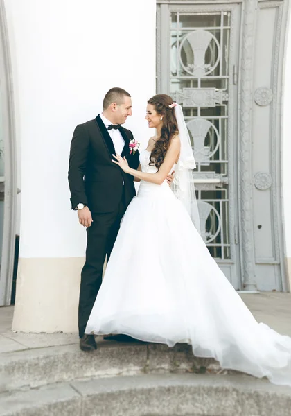 Newly married couple hugging on old stairway — Stock Photo, Image