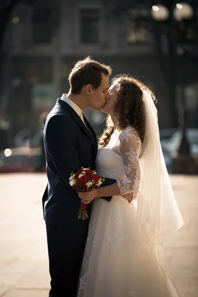 Πορτρέτο του όμορφη νεαρή νύφη και γαμπρός φιλάει στην οδό — Φωτογραφία Αρχείου