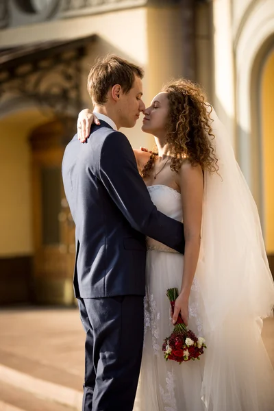 Feliz abrazando a los recién casados en la calle en el día soleado — Foto de Stock