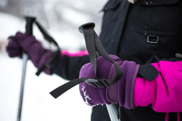 Маленькая девочка в перчатках держит лыжные палочки — стоковое фото