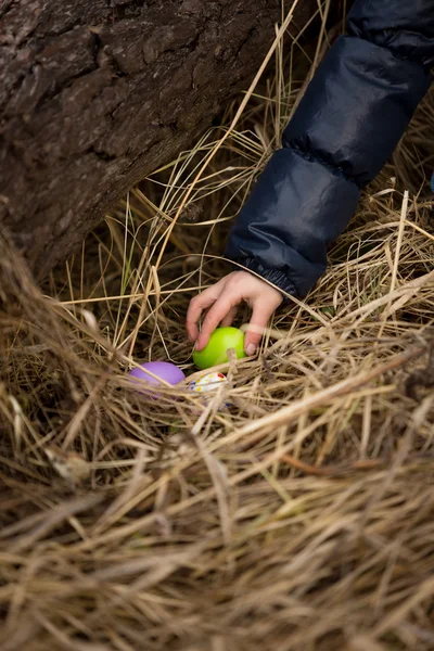 Крупным планом девушки рука берет пасхальное яйцо из гнезда — стоковое фото