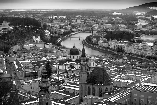 Monochrome photo of aerial view of ancient city Salzburg — Stock Photo, Image