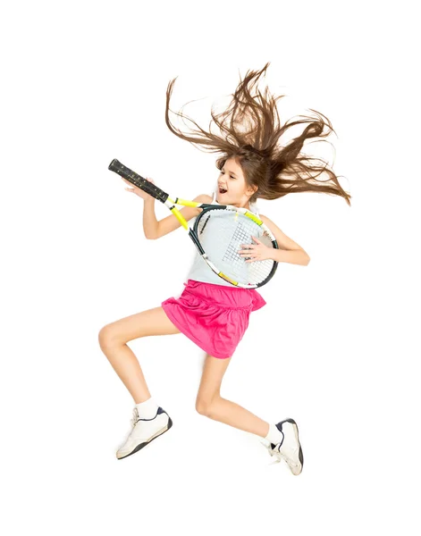 Girl jumping high and playing on tennis racket as on guitar — Stock Photo, Image