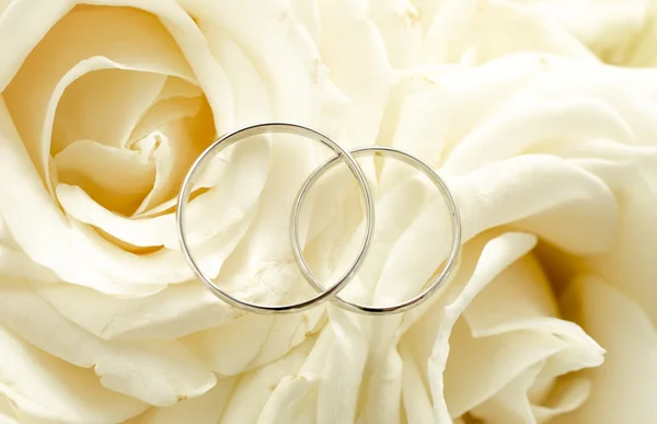 Macro foto de dos anillos de boda acostados en el ramo de novia — Foto de Stock