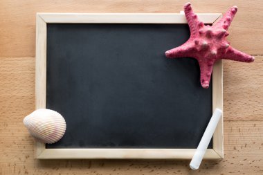 Deniz kabuklarını ve boş yazı tahtası üzerinde yalan denizyıldızı closeup