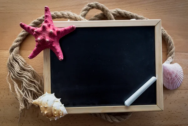 Closeup of blackboard decorated with seashells and red starfish — Stock Photo, Image
