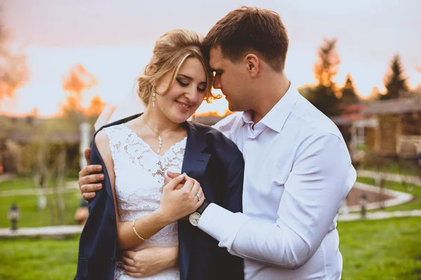 Retrato tonificado del novio cuidadoso abrazando novia en el parque al atardecer —  Fotos de Stock
