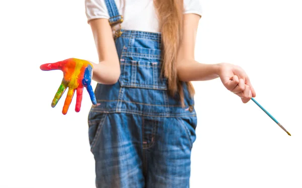 Tiro conceitual de criança com mãos pintadas coloridas — Fotografia de Stock