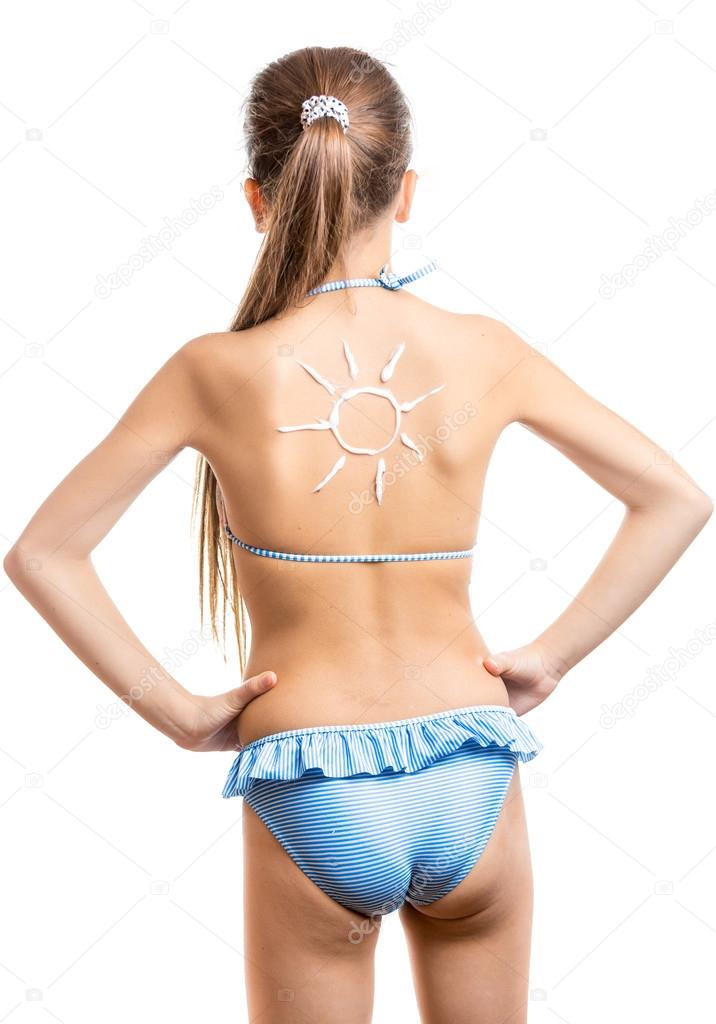 cute girl with sun on back drawn by sun lotion