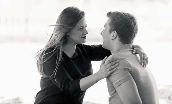 Black and white closeup portrait of beautiful couple looking at — Stock Photo, Image