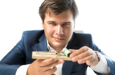 banker offering risky investment. Man holding mousetrap with mon clipart