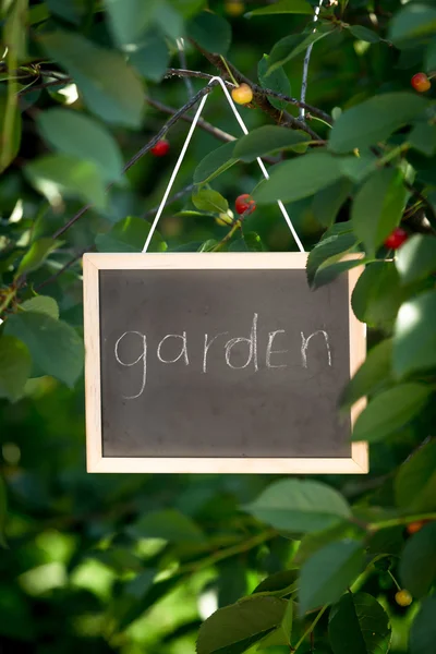 "Jardim "escrito no quadro negro pendurado na árvore no jardim — Fotografia de Stock