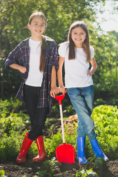 Smiling girls in rubber boots posing at garden with shovel — Stock Photo, Image