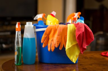 Kimyasallar, eldiven ve plastik yalan paçavra temizlik portre 