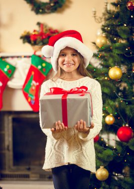 Noel hediye b ile poz santa şapkalı mutlu kız portresi