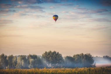 sıcak hava balonu erken sabah orman üzerinde uçan