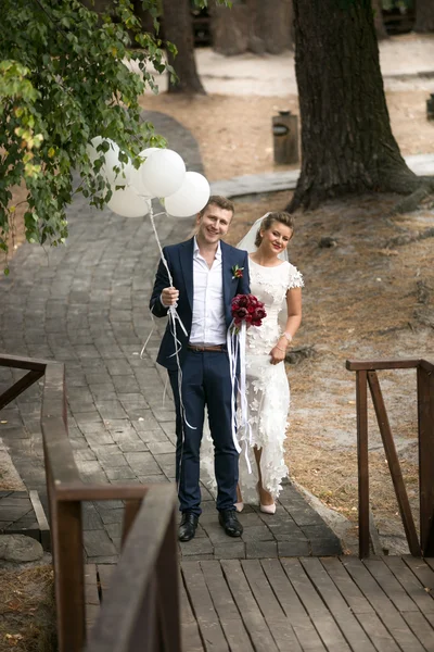 Couple marié marchant sur un pont en bois au parc — Photo